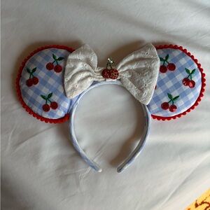 BaubleBar Disney Ears Blue and White Gingham Cherry Headband